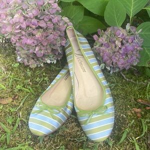 Gently Worn Slip On Ballet Flat. Size 7.5 with Green, Blue and White Stripes